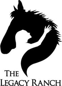 Silhouette of a human hand touching a horse's head, with text "The Legacy Ranch" below.