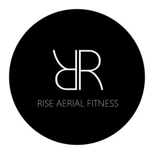 Black circular logo with stylized white "RA" letters intertwined and text below reading "RISE AERIAL FITNESS.